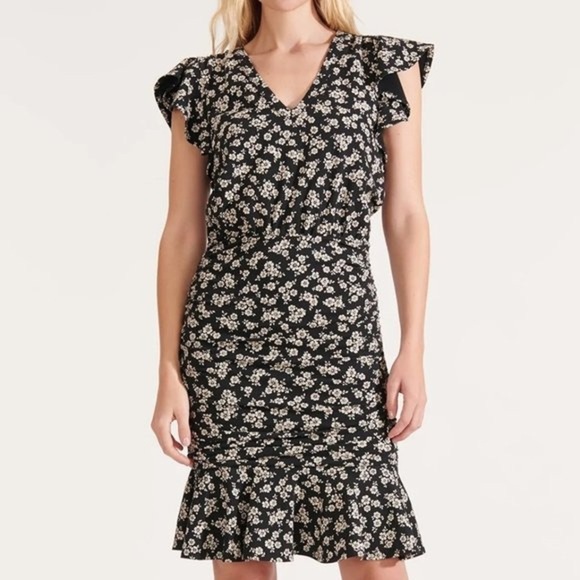 NWOT Veronica Beard Lissette Ruched Ruffle Flutter Sleeve Midi Dress. Size XS. - Picture 1 of 14